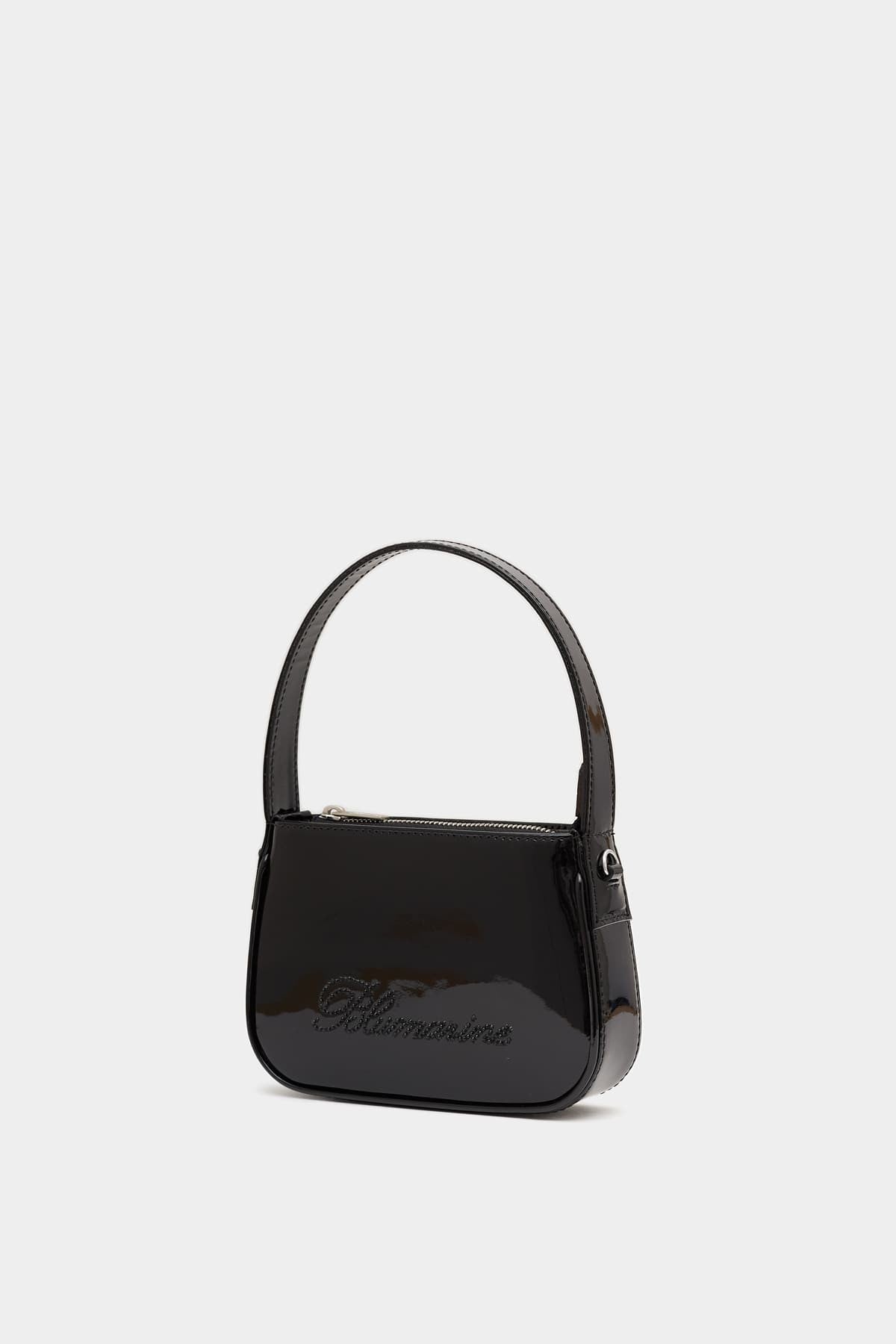 BLUMARINE BLACK PATENT LEATHER RHINESTONE LOGO MINI BAG