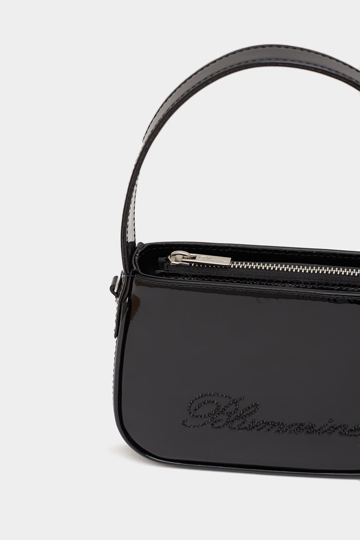 BLUMARINE BLACK PATENT LEATHER RHINESTONE LOGO MINI BAG