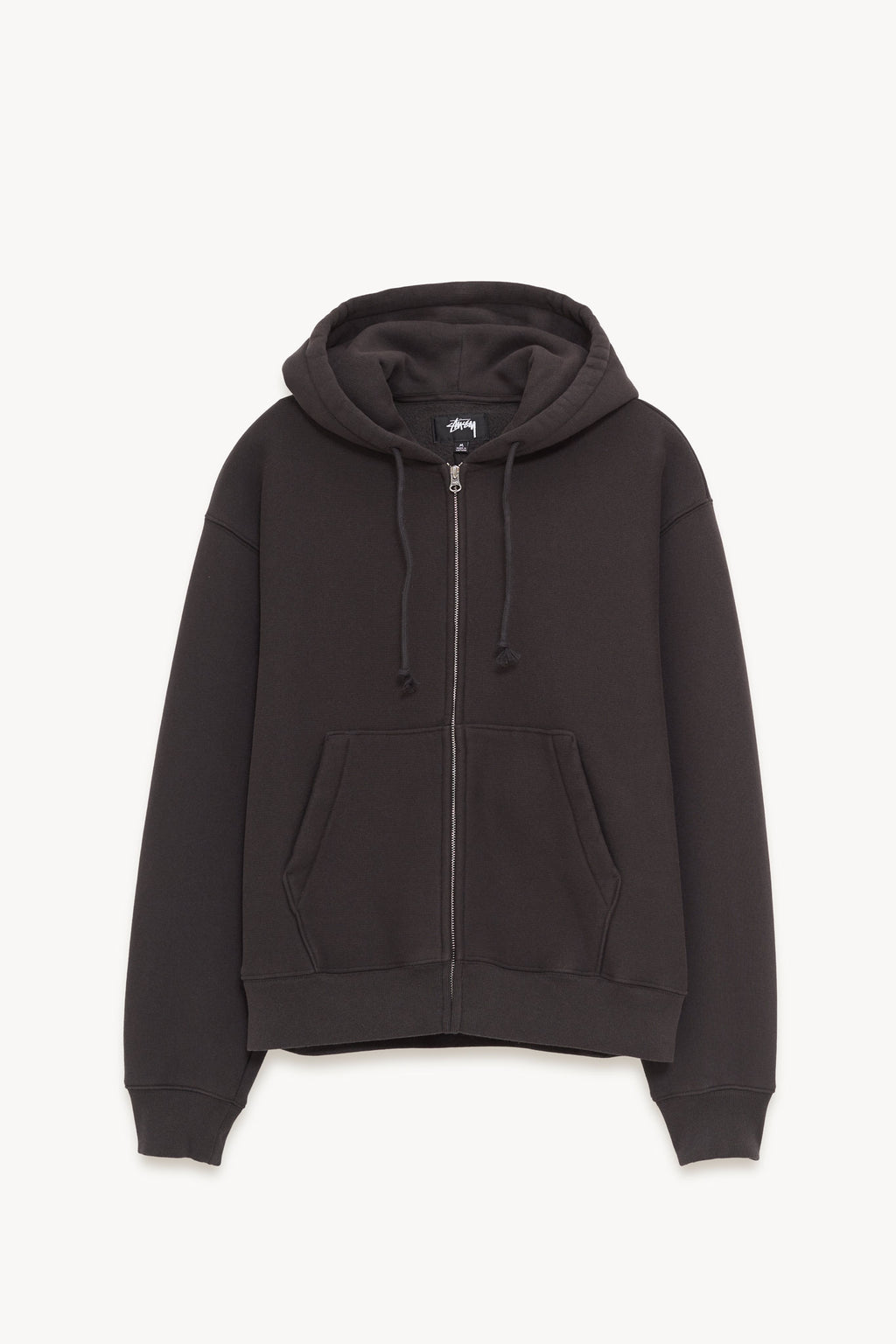 STUSSY BLACK CURSIVE APPLIQUE ZIP UP HOODIE
