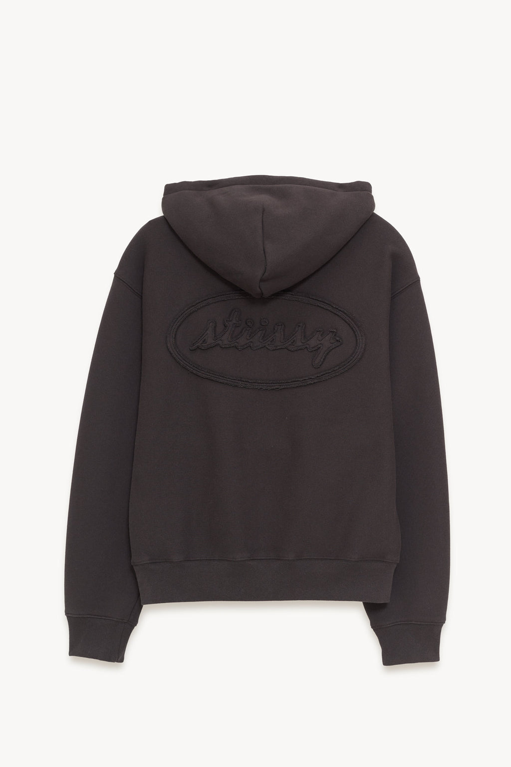 STUSSY BLACK CURSIVE APPLIQUE ZIP UP HOODIE