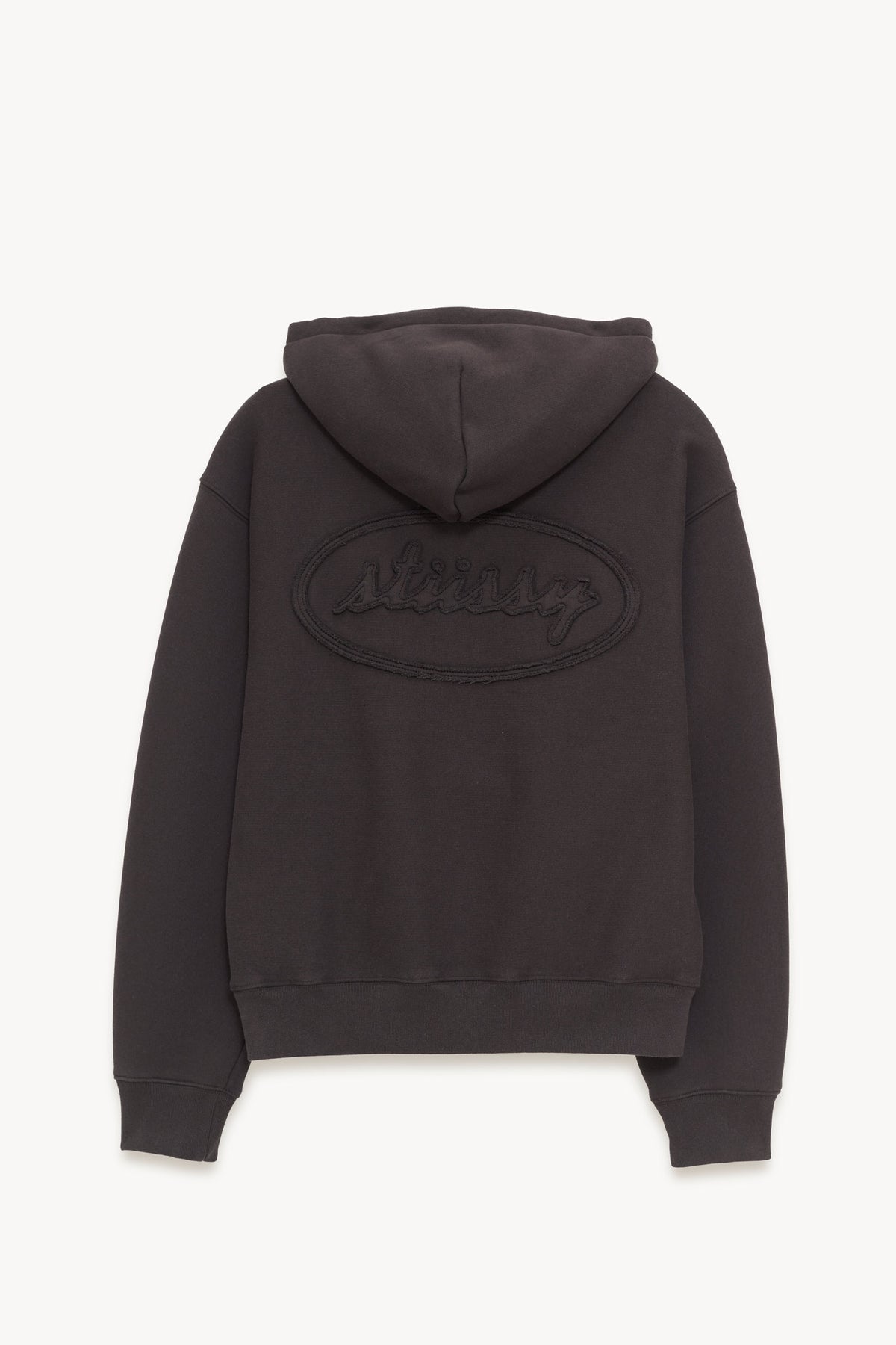 STUSSY BLACK CURSIVE APPLIQUE ZIP UP HOODIE