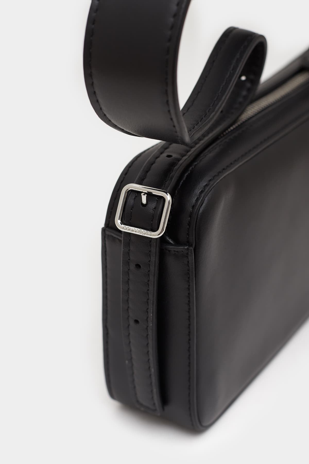 COURREGES BLACK LEATHER RACER BAGUETTE BAG