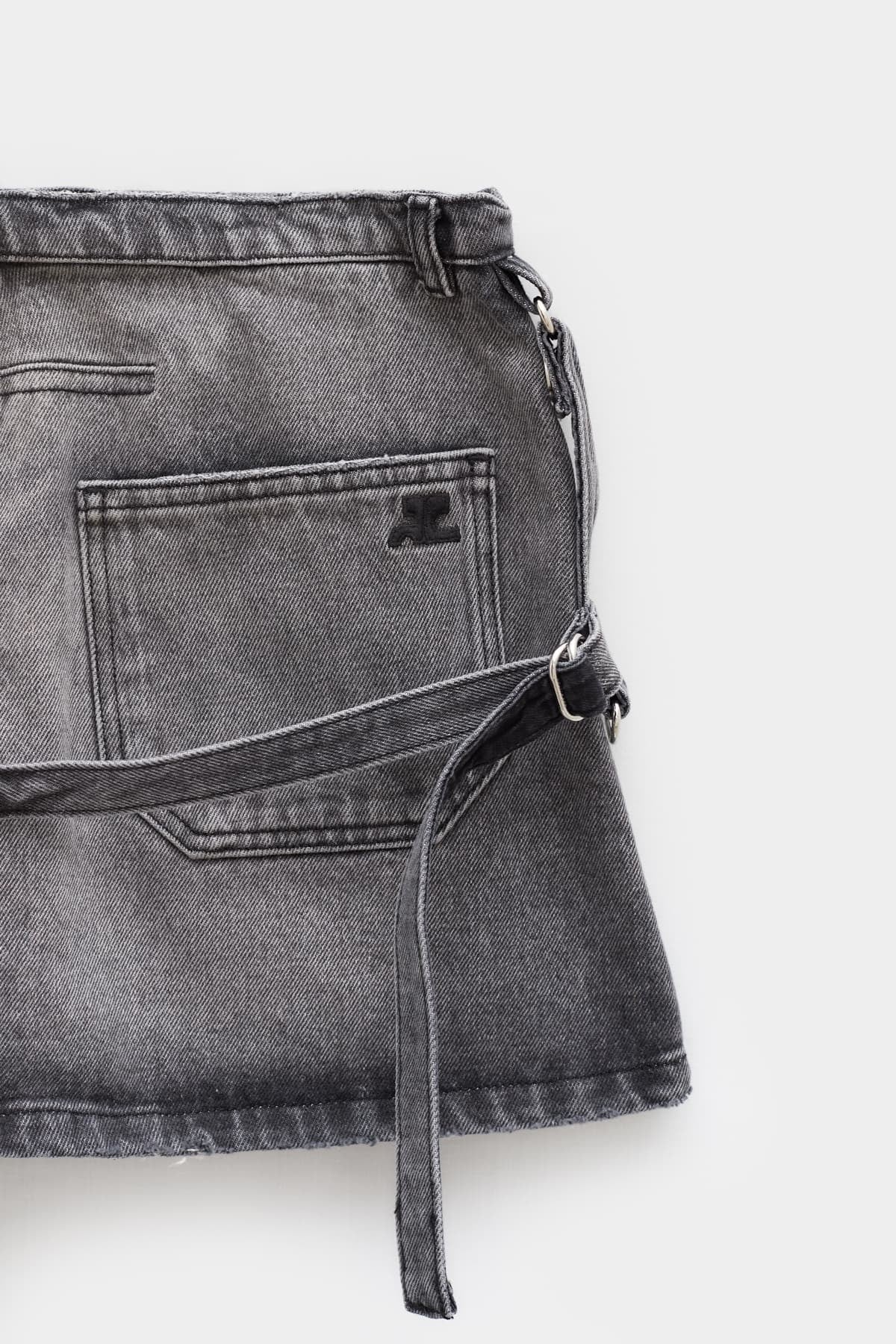 COURREGES STONEWASHED GREY STRAP DENIM MINI SKIRT